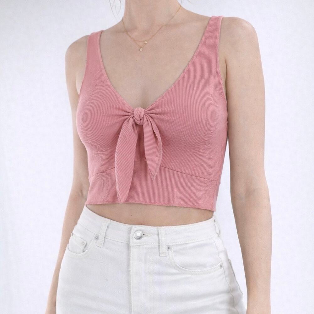 Women’s Pink Ribbed Tie Front Crop Top Size Small Sleeveless Bow Knot Tank